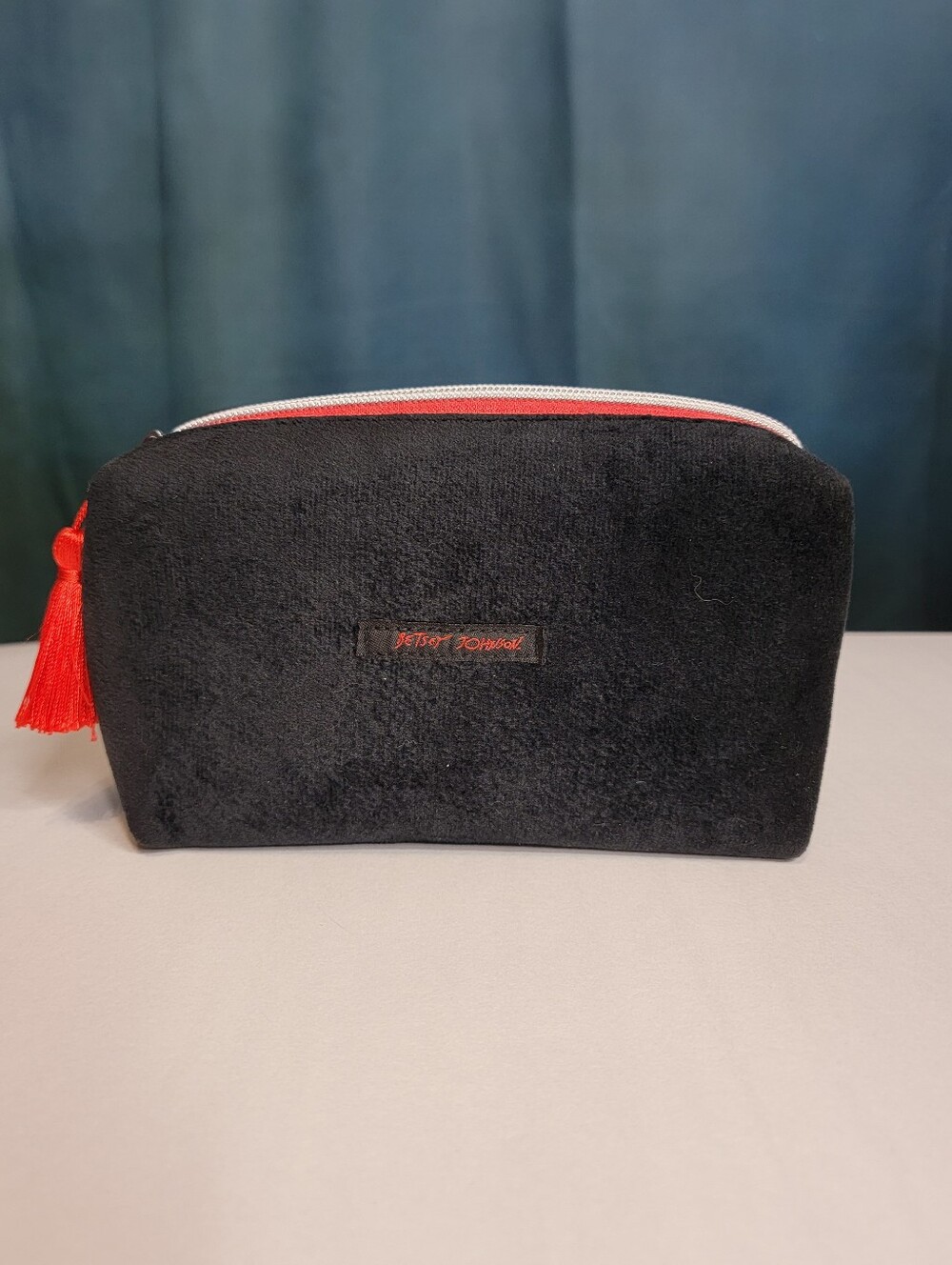 Betsy Johnson Black Velvet Cosmetic Bag with Red Tassel